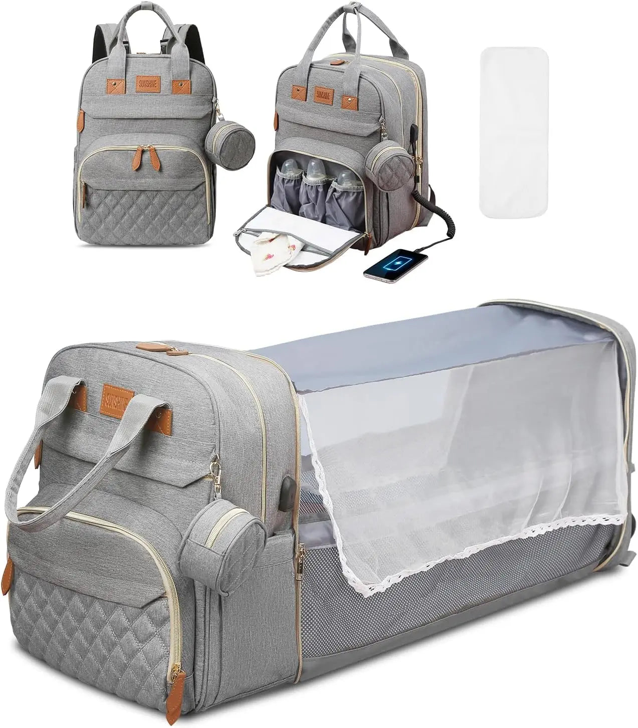 3-in-1 Diaper Bag Backpack with Foldable Baby Bed