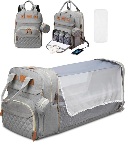 3-in-1 Diaper Bag Backpack with Foldable Baby Bed