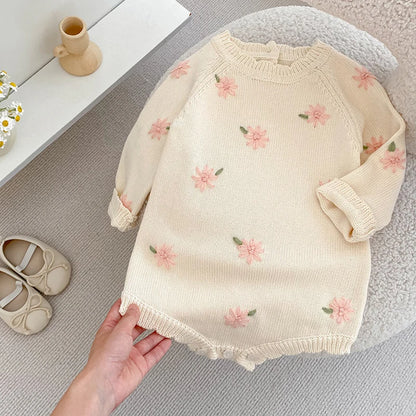 Soft Floral Knitted Baby Romper – Ruffled Collar Long Sleeve Outfit