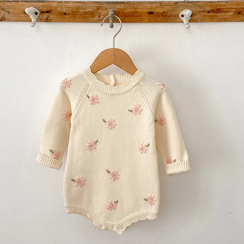 Soft Floral Knitted Baby Romper – Ruffled Collar Long Sleeve Outfit