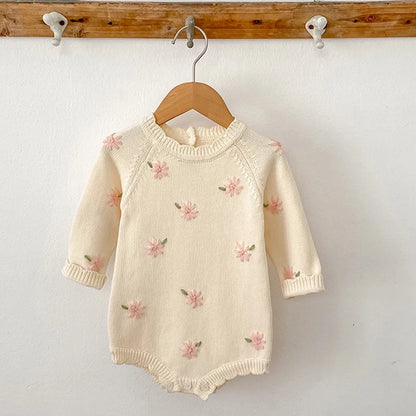 Soft Floral Knitted Baby Romper – Ruffled Collar Long Sleeve Outfit
