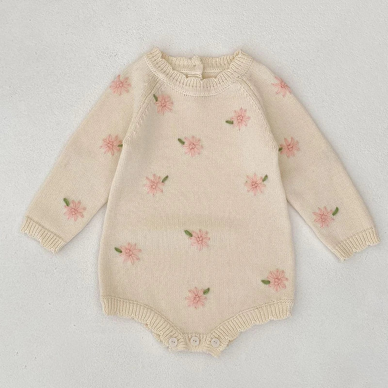 Soft Floral Knitted Baby Romper – Ruffled Collar Long Sleeve Outfit