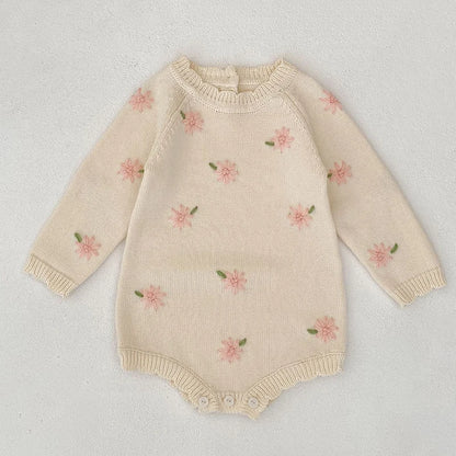 Soft Floral Knitted Baby Romper – Ruffled Collar Long Sleeve Outfit