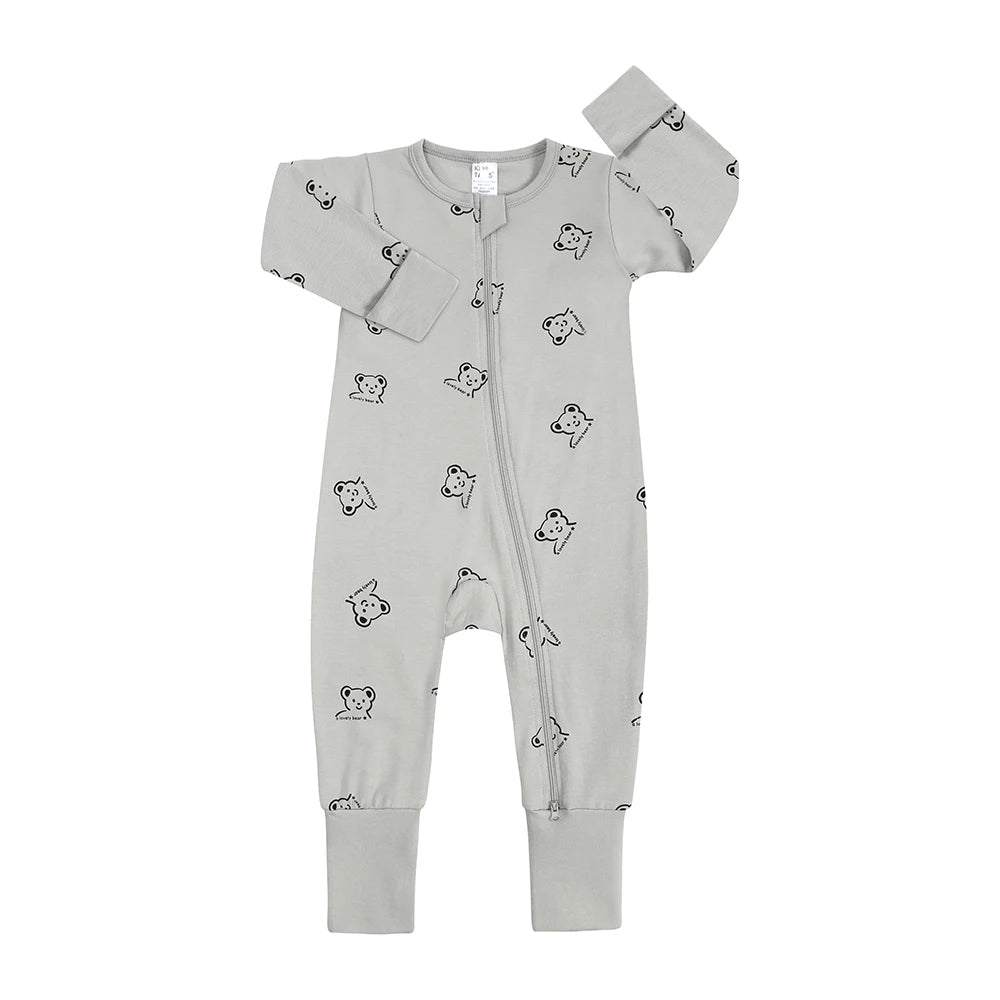 Gray baby onesie with bear patterns on a white background