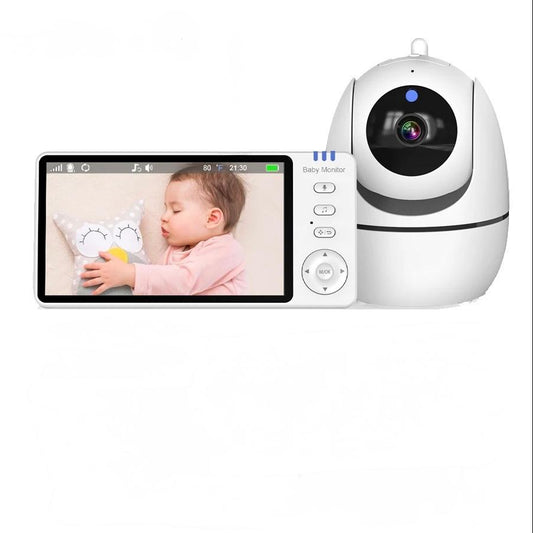 White baby monitor with screen displaying a baby and control buttons on a white background