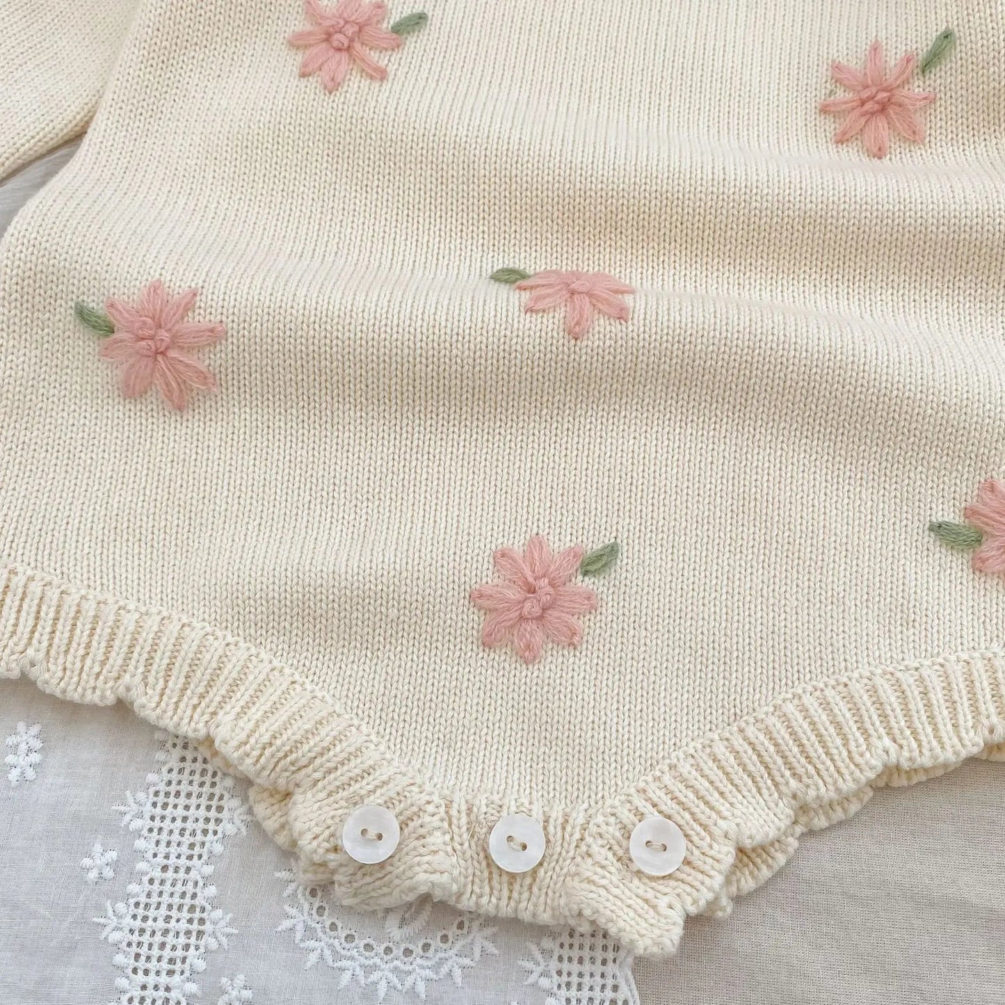Soft Floral Knitted Baby Romper – Ruffled Collar Long Sleeve Outfit